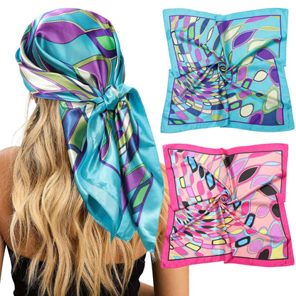 Women'S Satin Silk like Floral Head Square Scarves, 2 Piece