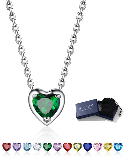 Silver Necklace 925 Sterling Silver Birthstone Love Heart Necklace Valentine'S Day Gift for Her