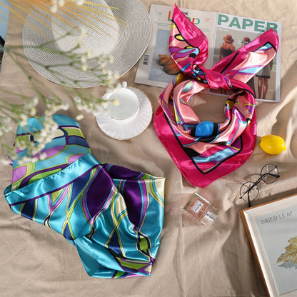 Women'S Satin Silk like Floral Head Square Scarves, 2 Piece
